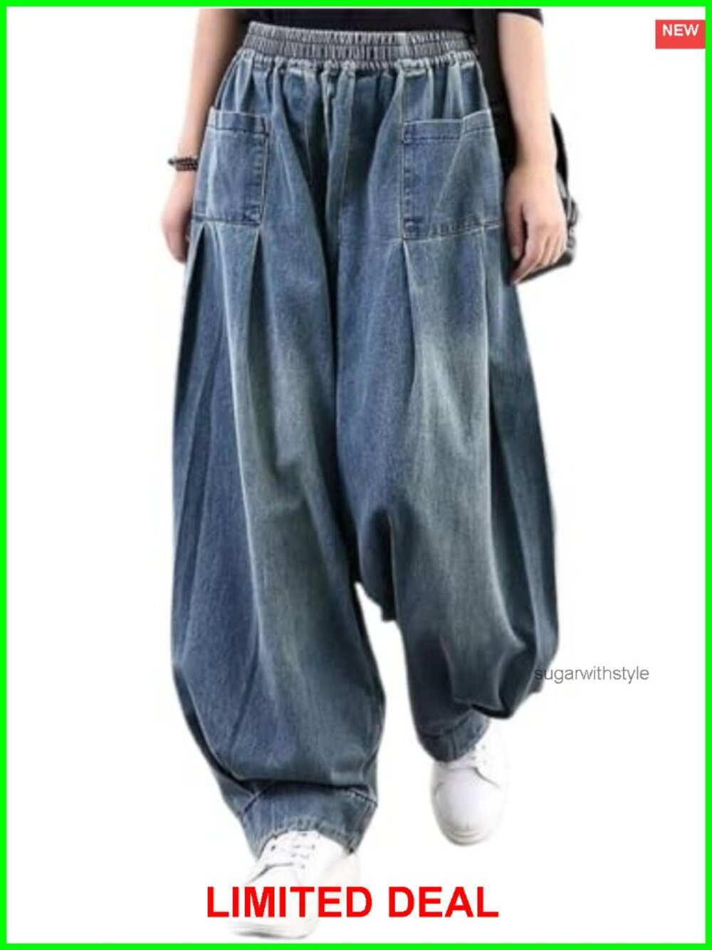 Women's Denim Harem Pants Elastic Waist Pleated Wide Leg Baggy Jeans